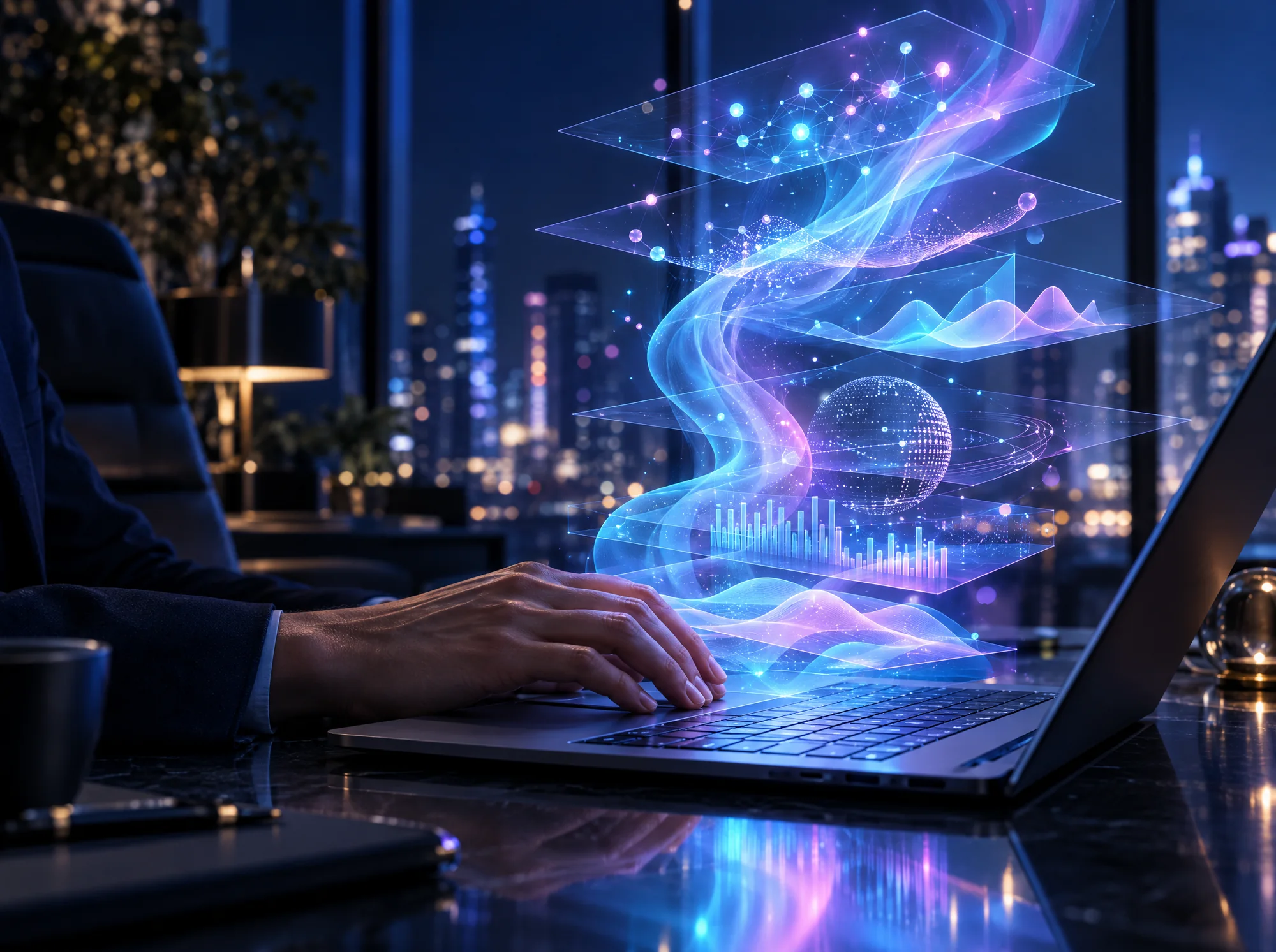 AI data visualised above a laptop