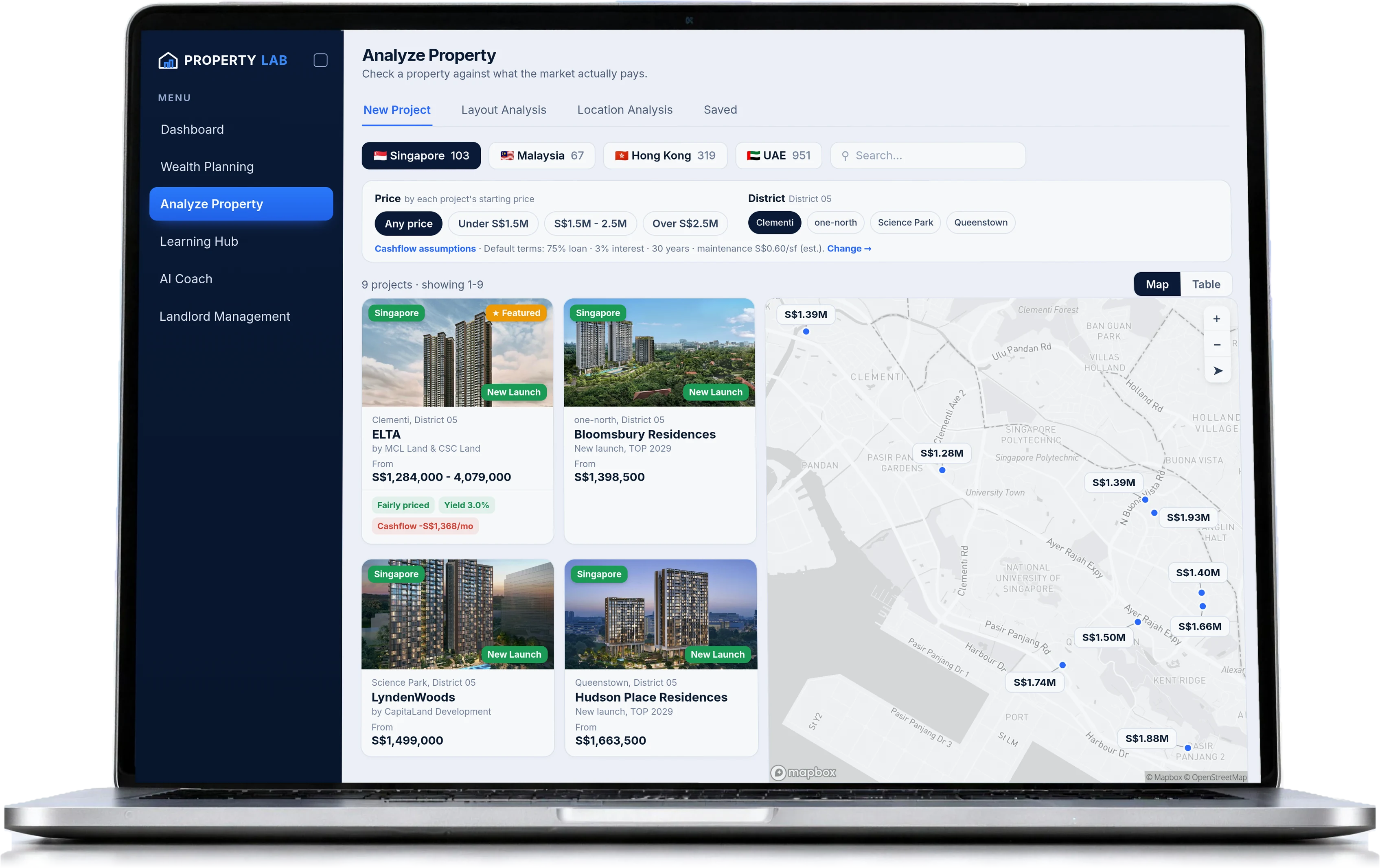 PropertyLab Analyze Property screen on an open laptop